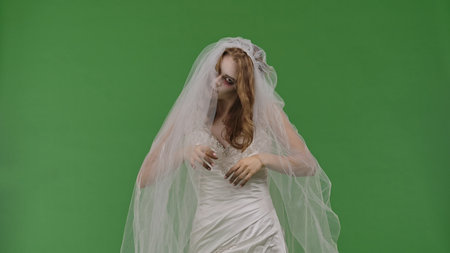 Dead Bride in a Wedding Dress on a Green Background