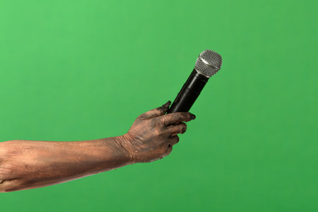 A creepy hand holds a microphone