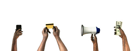 4 in 1 collage a creepy zombie hand holding a loudspeaker, smartphone, card, and moneyの写真素材