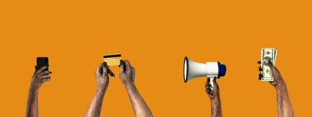 4 in 1 collage a creepy zombie hand holding a loudspeaker, smartphone, card, and moneyの写真素材