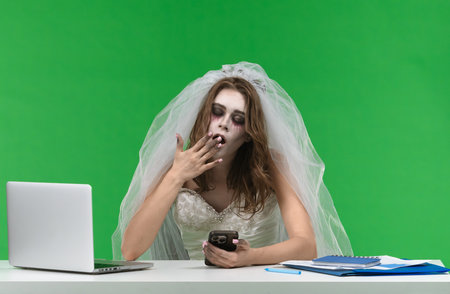 Dead Bride Working on Laptop at Deskの写真素材