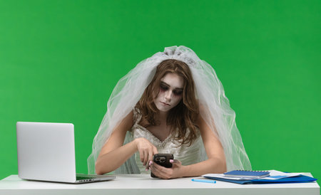 Dead Bride Working on Laptop at Deskの写真素材