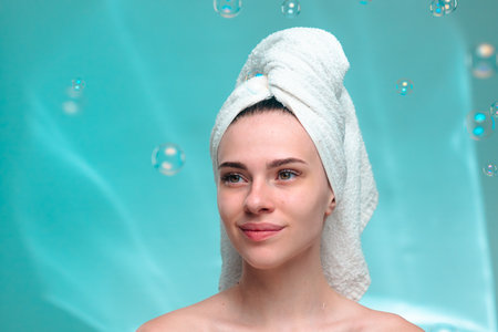 Portrait of Woman with Towel Turban and Bubbles