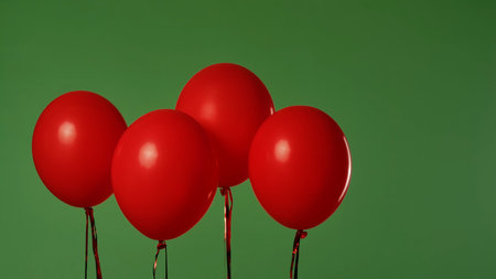 Many red balloons hang in the air against a green screen with a chroma key effect. Close up of bright helium balloons with light reflections. Birthday, party decoration, holiday, surprise, gift, background.の写真素材