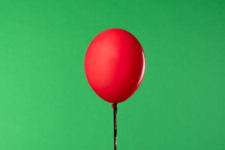 One red oval balloon hang in the air against a green screen with a chroma key effect. A close up of...
