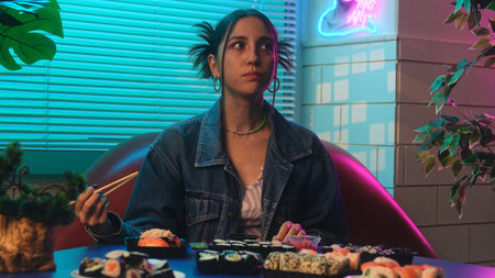 A young woman eats sushi with chopsticks in a colorful and lively environment, featuring neon...