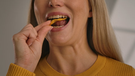 Close up of a woman eating a crunchy potato chip, highlighting the texture and the act of eating...