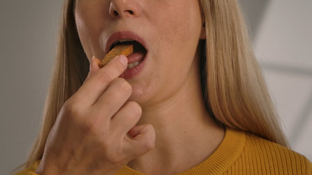 Close up of a woman preparing to eat a crispy rye cracker, with emphasis on facial features and texture.の写真素材