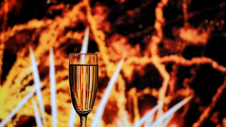 Close up of a champagne glass with golden bubbles against a backdrop of warm bokeh fireworks. A festive mood for holiday, New Years, and Christmas parties.の写真素材