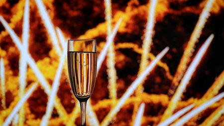 Close up of a champagne glass with golden bubbles against a backdrop of warm bokeh fireworks. A festive mood for holiday, New Years, and Christmas parties.の写真素材