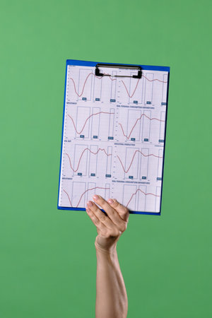 A woman hand holding a clipboard with an economic graphs on a green chroma key background. Shot for...