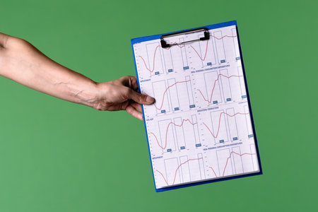 A woman hand holding a clipboard with an economic graphs on a green chroma key background. Shot for...