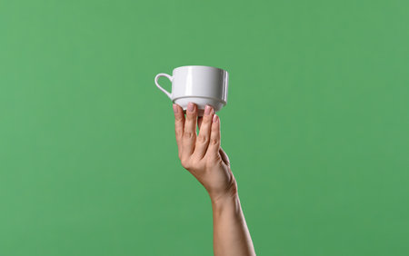 A womans hand holding a white coffee cup on a green chroma key background. Shot for designs related to office, business, education, cafe, or coffee industry.の写真素材