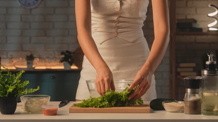 A woman prepares healthy food in her kitchen and adds fresh lettuce leaves to a bowl. Cucumbers and spices for making breakfast or lunch are laid out on the table.の写真素材