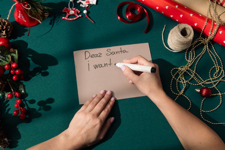 Top view of female hands writing a Christmas letter that begins Dear Santa, I want on a piece of...