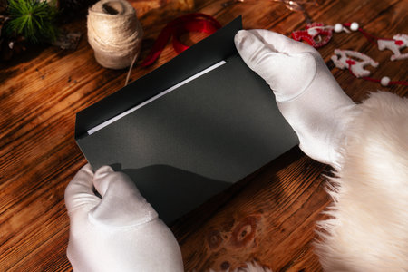 Top view of Santas gloved hands selecting colored cardboard to make Christmas cards on a rustic wooden table with ribbons, stamps, and a wrapped gift. Festive scene for crafts.の写真素材