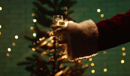 Santa Claus holding a champagne glass in front of a decorated tree, surrounded by festive lights and holiday atmosphere. Festive mood on the eve of New Year Eve.の写真素材
