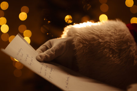 Santa Claus reads a wish list in front of a beautifully lit Christmas tree, capturing festive holiday spirit.の写真素材