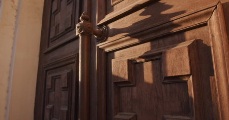 A detailed view of an antique wooden door with intricate carvings and a decorative handle, illuminated by soft evening light that highlights the texture and craftsmanship.の写真素材
