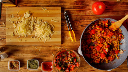 Top view of the process of preparing a delicious quesadilla from fresh ingredients, including grated cheese, corn, vegetables, and spices, on a rustic wooden table. Preparing Mexican food at home.の写真素材