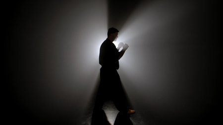 A dark figure of a martial arts master practices his skills, performing various stances in front of a powerful white light, creating dramatic rays of illumination.の写真素材