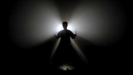 A dark figure of a martial arts master practices his skills, performing various stances in front of a powerful white light, creating dramatic rays of illumination.の写真素材