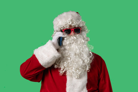 Santa Claus with a white curly beard, wearing a red suit and sunglasses, talking on a smartphone...