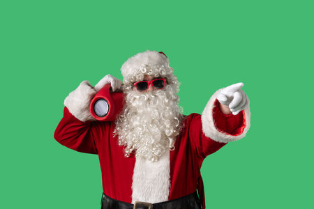 Santa Claus with a white curly beard, wearing a red suit and sunglasses, dances cheerfully with a portable speaker on a green background. Perfect for Christmas themed compositions.の写真素材
