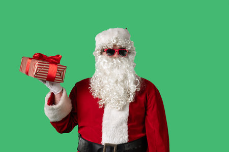 Santa Claus with a white curly beard, wearing a red suit and sunglasses, is holding a box of gift on a green background. Ideal for Christmas themed compositions, advertising, and holiday layouts.の写真素材