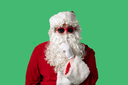 Santa Claus with a white curly beard, wearing a red suit, makes a secret sign on a green background. Ideal for Christmas themed compositions and holiday layouts.の写真素材