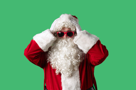 Santa Claus with a white curly beard, wearing a red suit, clutches his head in horror against a green background. Ideal for Christmas themed compositions and holiday layouts.の写真素材