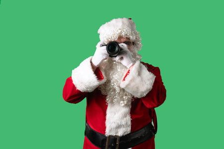 Santa Claus with a white curly beard, dressed in a red suit, takes a photo with a camera against a green background. Ideal for Christmas themed compositions.の写真素材