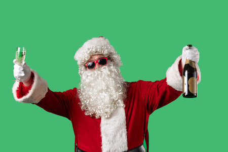 Santa Claus with a white curly beard, wearing a red suit and sunglasses, makes a congratulatory toast with a glass of champagne and a bottle in his hands against a green background.の写真素材