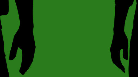 Black silhouettes of a couple hands in close up against a green chroma key background. Minimalist contrast and modern visual composition, mockup.の写真素材