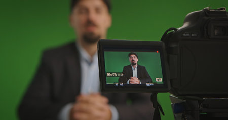 A live streaming setup featuring a professional camera and green screen background, capturing a man...