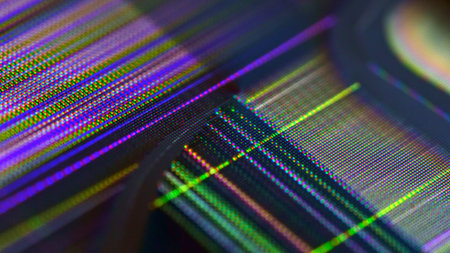 A close-up image showing the vivid colors and distorted lines of a broken television screen.の写真素材