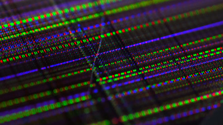 Detailed view of a damaged TV screen showing colorful lines and pixel distortion, illustrating technology failure.の写真素材