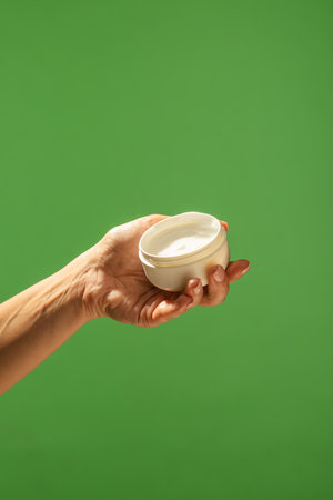 A close up of a hand holding an open white cream jar against a vibrant green background. Beauty concept, skin care, and cream product presentation.の写真素材