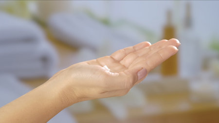 Close up of an open hand holding a small amount of cream, set against a blurred spa like background. Beauty concept, skin care, and cream product presentation.の写真素材