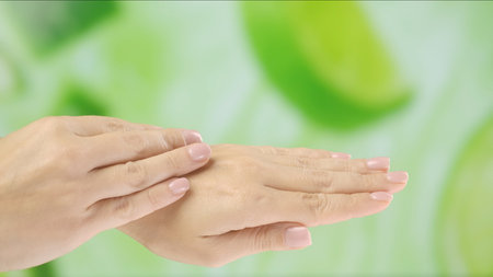 Close up of hands applying cream, showing smooth skin and a green citrus background symbolizing freshness. Concept of beauty, skin care, and cream presentation.の写真素材