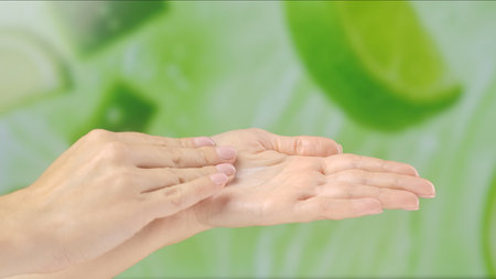 Close up of hands applying cream, showing smooth skin and a green citrus background symbolizing freshness. Concept of beauty, skin care, and cream presentation.の写真素材