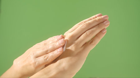 Close up of a wpman applying moisturizing cream to their hand against a green background. Beauty concept, skin care, and cream product presentation.の写真素材