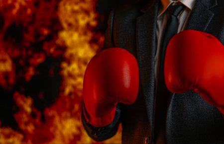 A determined businessman wearing a suit and red boxing gloves stands in front of a fiery background, symbolizing resilience and challenge.の写真素材