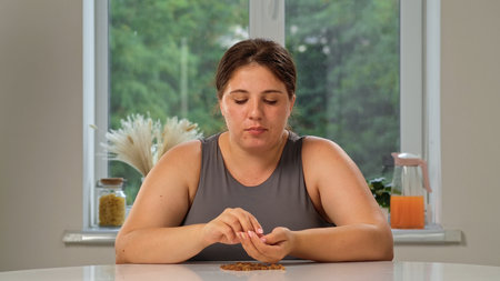 A woman sits in the kitchen eating dried raisins. A woman enjoys a healthy vegan breakfast on a...