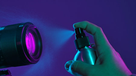 Artistic shot of a hand spraying a mist sprayer in front of a camera lens under bright neon...
