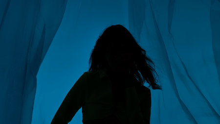 Artistic silhouette of a woman with flowing hair, against a transparent plastic sheet with a blue background, evoking mystery.の写真素材