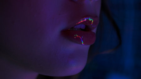 Close Up of Lips with Colorful Reflectionsの写真素材