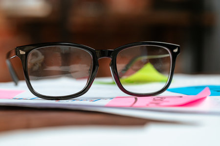 Close up of Black Reading Glasses on Colorful Papers