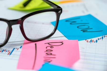 Eyeglasses and Colorful Notes on Financial Chartの写真素材