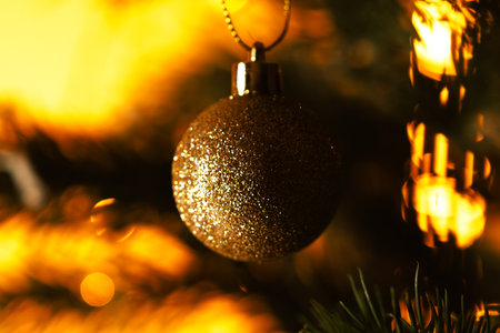 Glittery Christmas Ornament on Tree Branch with Warm Lightsの写真素材